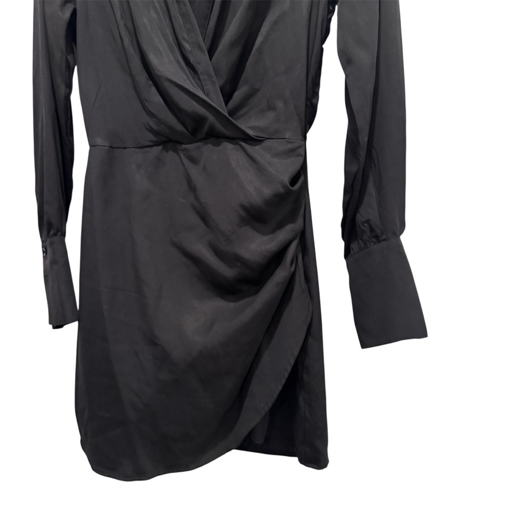Aqua Collared Faux Wrap Mini Dress Long Sleeves Deep V-neck Ruched Black Size S - Picture 7 of 11